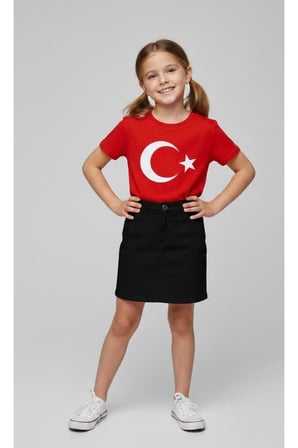 Kız Çocuk AYYILDIZ BAYRAK Baskılı T-Shirt Ve Keten Etek Takım 23 NİSAN-Özel Bayramlar