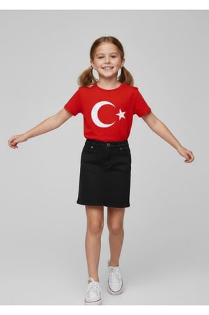 Kız Çocuk AYYILDIZ BAYRAK Baskılı T-Shirt Ve Keten Etek Takım 23 NİSAN-Özel Bayramlar