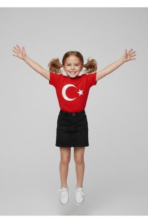 Kız Çocuk AYYILDIZ BAYRAK Baskılı T-Shirt Ve Keten Etek Takım 23 NİSAN-Özel Bayramlar