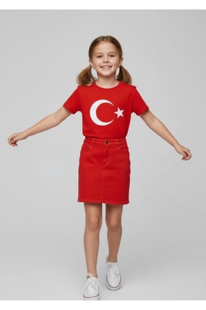 Kız Çocuk AYYILDIZ BAYRAK Baskılı T-Shirt Ve Keten Etek Takım 23 NİSAN-Özel Bayramlar