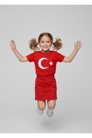 Kız Çocuk AYYILDIZ BAYRAK Baskılı T-Shirt Ve Keten Etek Takım 23 NİSAN-Özel Bayramlar
