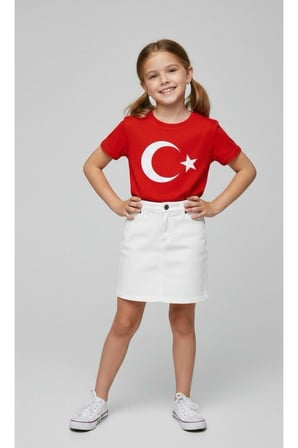 Kız Çocuk AYYILDIZ BAYRAK Baskılı T-Shirt Ve Keten Etek Takım 23 NİSAN-Özel Bayramlar