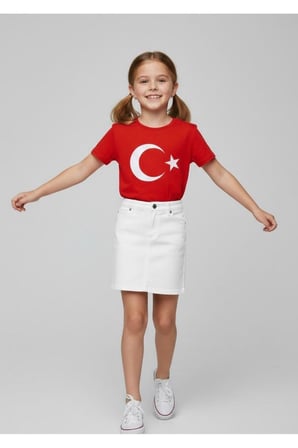 Kız Çocuk AYYILDIZ BAYRAK Baskılı T-Shirt Ve Keten Etek Takım 23 NİSAN-Özel Bayramlar