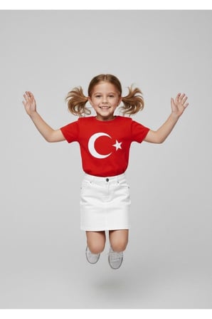 Kız Çocuk AYYILDIZ BAYRAK Baskılı T-Shirt Ve Keten Etek Takım 23 NİSAN-Özel Bayramlar