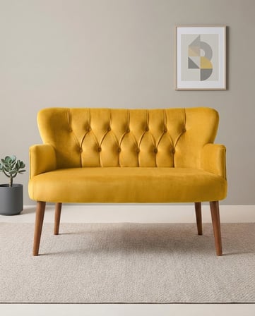Roma İkili Koltuk Babyface Kumaş Ahşap Ayaklı – Çay Seti Balkon Koltuğu - Minimal - Sarı