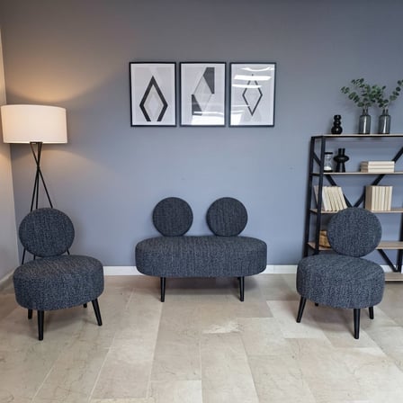 Dünya 2+1+1 Buklet Kumaş Balkon Ofis İş Yeri Çay Seti Koltuk Bekleme Takımı - Ahşap Ayak - Siyah