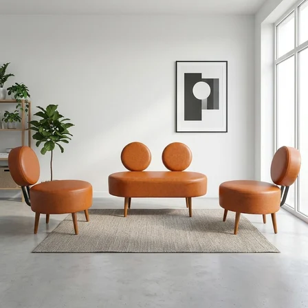 Dünya 2+1+1 Deri Kumaş Ofis & Büro İş Yeri Bekleme Koltuğu Takımı – Ahşap Ayak  - Taba