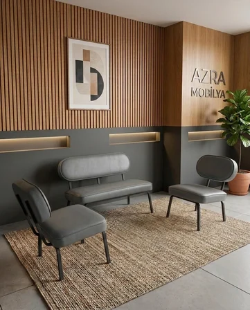 Luna 2+1+1 Deri Kumaş Ofis & Büro İş Yeri Bekleme Koltuğu Takımı – Siyah Metal İskelet - Gri