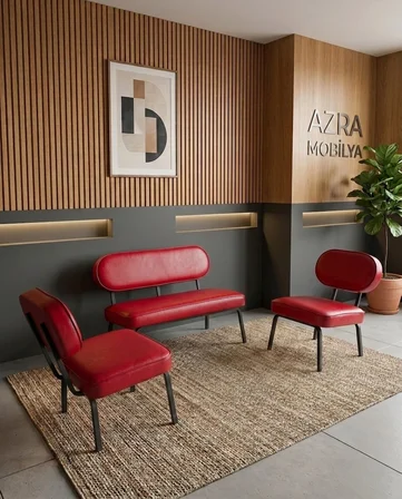 Luna 2+1+1 Deri Kumaş Ofis & Büro İş Yeri Bekleme Koltuğu Takımı – Siyah Metal İskelet - Kırmızı
