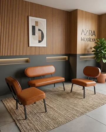 Luna 2+1+1 Deri Kumaş Ofis & Büro İş Yeri Bekleme Koltuğu Takımı – Siyah Metal İskelet - Taba