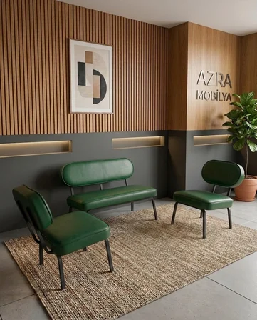 Luna 2+1+1 Deri Kumaş Ofis & Büro İş Yeri Bekleme Koltuğu Takımı – Siyah Metal İskelet - Yeşil