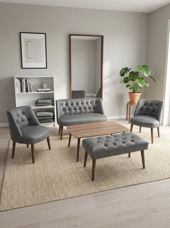 Milano 2+1+1+Sehpa+Bench Deri Çay Seti Koltuk Takımı Ofis Bekleme Takımı Ahşap Ayaklı - Gri