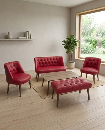 Milano 2+1+1+Sehpa+Bench Deri Çay Seti Koltuk Takımı Ofis Bekleme Takımı Ahşap Ayaklı - Kırmızı