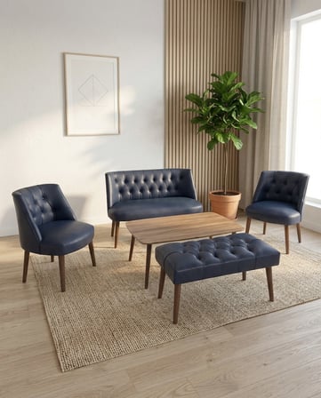 Milano 2+1+1+Sehpa+Bench Deri Çay Seti Koltuk Takımı Ofis Bekleme Takımı Ahşap Ayaklı - Lacivert