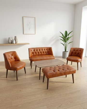 Milano 2+1+1+Sehpa+Bench Deri Çay Seti Koltuk Takımı Ofis Bekleme Takımı Ahşap Ayaklı - Taba