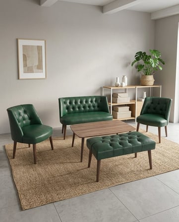 Milano 2+1+1+Sehpa+Bench Deri Çay Seti Koltuk Takımı Ofis Bekleme Takımı Ahşap Ayaklı - Yeşil