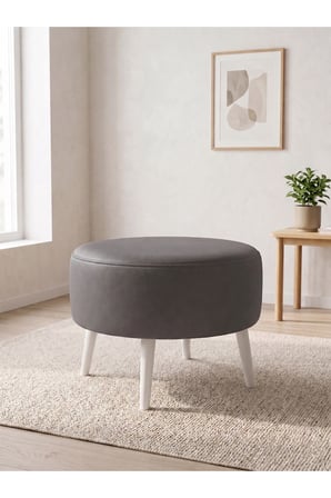 Azra Mobilya Gri Deri Yuvarlak Puf Oturma Pufu 60x46 cm Ahşap Beyaz Ayaklı