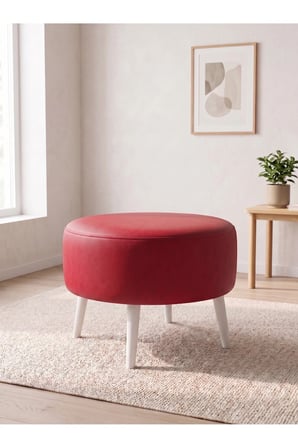 Azra Mobilya Kırmızı Deri Puf 60 cm Çap 46 cm Yükseklik Ahşap Beyaz Ayaklı