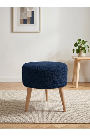 Azra Mobilya Mavi Welsoft Kumaş Yuvarlak Puf Ahşap Ayaklı 40x42 cm