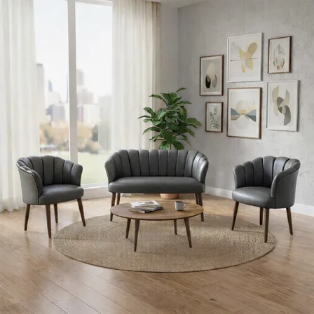 Papatya 2+1+1 Deri Kumaş Ofis & Büro İş Yeri Bekleme Koltuğu Takımı – Ahşap Ayak  - Gri