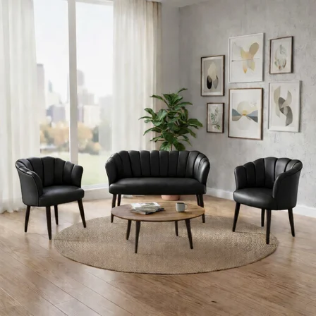 Papatya 2+1+1 Deri Kumaş Ofis & Büro İş Yeri Bekleme Koltuğu Takımı – Ahşap Ayak  - Siyah
