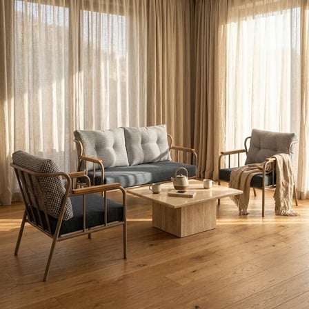 Paris 2+1+1 Metal Balkon Takımı Keten Dokulu Kumaş – Cappuccino Metal - Bahçe Teras Oturma Grubu