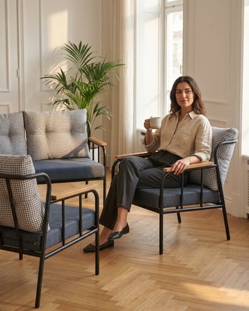 Paris 2+1+1 Metal Balkon Takımı Keten Dokulu Kumaş – Siyah Metal - Bahçe Teras Oturma Grubu