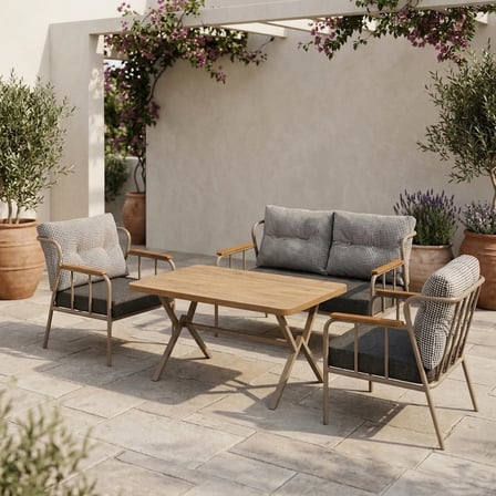 Paris 2+1+1+ 70x120 Ceviz Desenli Masa Metal Balkon Takımı Keten Dokulu Kumaş – Cappuccino Metal - B