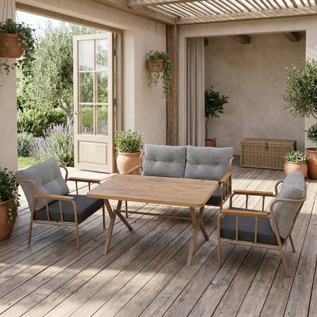 Paris 2+1+1+ 70x120 Ceviz Desenli Masa Metal Balkon Takımı Keten Dokulu Kumaş – Cappuccino Metal - B