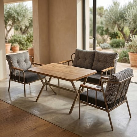 Paris 2+1+1+ 70x120 Ceviz Desenli Masa Metal Balkon Takımı Keten Dokulu Kumaş – Cappuccino Metal - B