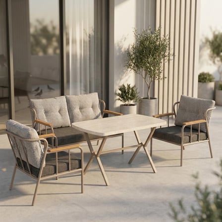 Paris 2+1+1+ 70x120 Traverten Masa Metal Balkon Takımı Keten Dokulu Kumaş – Cappuccino Metal - Bahçe