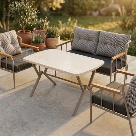 Paris 2+1+1+ 70x120 Traverten Masa Metal Balkon Takımı Keten Dokulu Kumaş – Cappuccino Metal - Bahçe