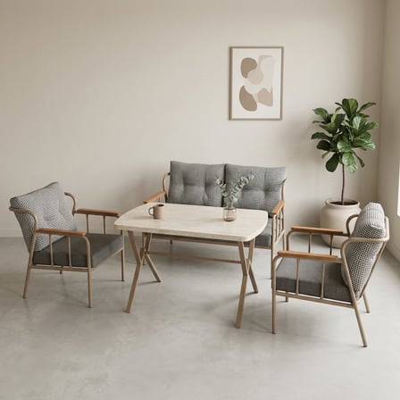 Paris 2+1+1+ 70x120 Traverten Masa Metal Balkon Takımı Keten Dokulu Kumaş – Cappuccino Metal - Bahçe