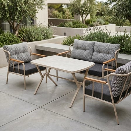 Paris 2+1+1+ 70x120 Traverten Masa Metal Balkon Takımı Keten Dokulu Kumaş – Cappuccino Metal - Bahçe