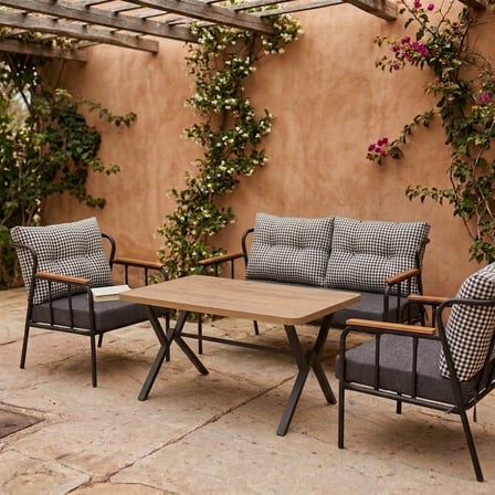 Paris 2+1+1+ 70x120 Ceviz Desenli Masa Metal Balkon Takımı Keten Dokulu Kumaş – Siyah Metal - Bahçe 