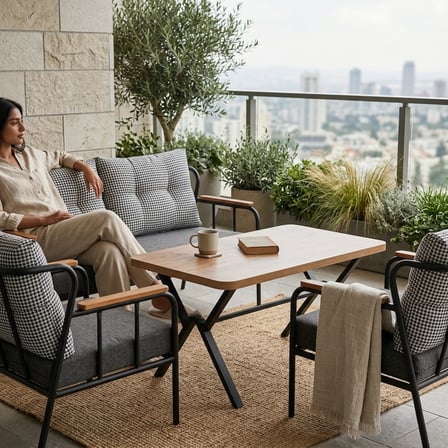 Paris 2+1+1+ 70x120 Ceviz Desenli Masa Metal Balkon Takımı Keten Dokulu Kumaş – Siyah Metal - Bahçe 