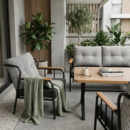 Paris 2+1+1+ 70x120 Ceviz Desenli Masa Metal Balkon Takımı Keten Dokulu Kumaş – Siyah Metal - Bahçe 