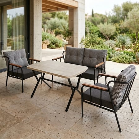 Paris 2+1+1+ 70x120 Traverten Desenli Masa Metal Balkon Takımı Keten Dokulu Kumaş – Siyah Metal - Ba