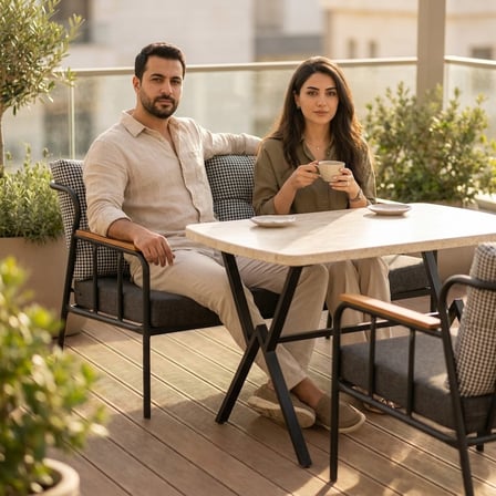Paris 2+1+1+ 70x120 Traverten Desenli Masa Metal Balkon Takımı Keten Dokulu Kumaş – Siyah Metal - Ba