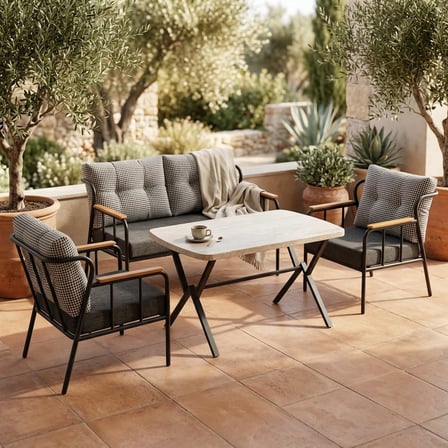 Paris 2+1+1+ 70x120 Traverten Desenli Masa Metal Balkon Takımı Keten Dokulu Kumaş – Siyah Metal - Ba