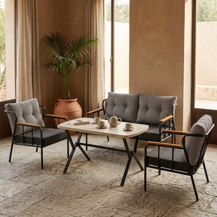 Paris 2+1+1+ 70x120 Traverten Desenli Masa Metal Balkon Takımı Keten Dokulu Kumaş – Siyah Metal - Ba