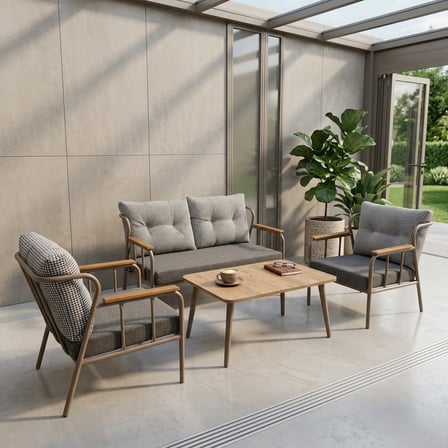 Paris 2+1+1+Sehpa Metal Balkon Takımı Keten Dokulu Kumaş – Cappuccino Metal - Bahçe Teras Oturma Gru