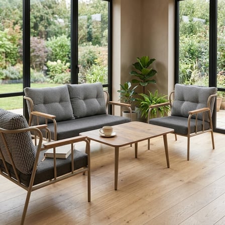 Paris 2+1+1+Sehpa Metal Balkon Takımı Keten Dokulu Kumaş – Cappuccino Metal - Bahçe Teras Oturma Gru