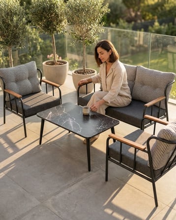 Paris 2+1+1+Sehpa Metal Balkon Takımı Keten Dokulu Kumaş – Siyah Metal - Bahçe Teras Oturma Grubu