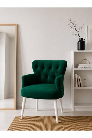 Azra Mobilya Roma Berjer Yeşil Babyface Kumaş Beyaz Ahşap Ayaklı Modern Tekli Koltuk