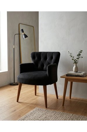 Azra Mobilya Roma Berjer Siyah Babyface Kumaş Ceviz Ahşap Ayaklı Modern Tekli Koltuk 58 cm Genişlik