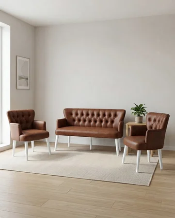 Roma 3+1+1 Deri Çay Seti Ev & Ofis Koltuk Bekleme Takımı - Ahşap Beyaz Ayak - Acı Kahve