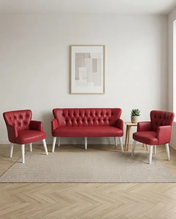 Roma 3+1+1 Deri Çay Seti Ev & Ofis Koltuk Bekleme Takımı - Ahşap Beyaz Ayak - Kırmızı