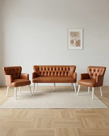 Roma 3+1+1 Deri Çay Seti Ev & Ofis Koltuk Bekleme Takımı - Ahşap Beyaz Ayak - Taba