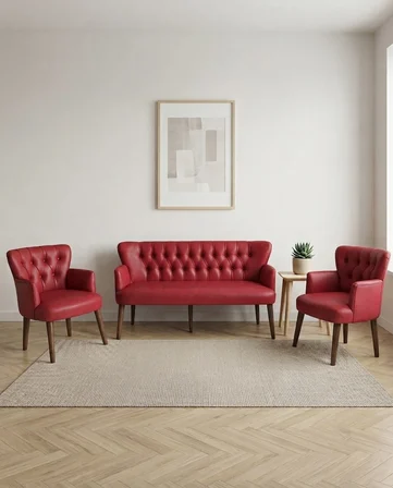Roma 3+1+1 Deri Çay Seti Ev & Ofis Koltuk Bekleme Takımı - Ahşap Ceviz Ayak - Kırmızı